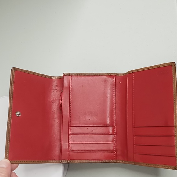 Coach Signature Jacquard & Leather Tri Fold Wallet Tan w/Red Interior - Picture 3 of 13